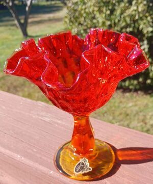 Vtg Fenton Fiery Amberina Ruffled Thumbprint Pedestal Compote Candy Dish Tagged
